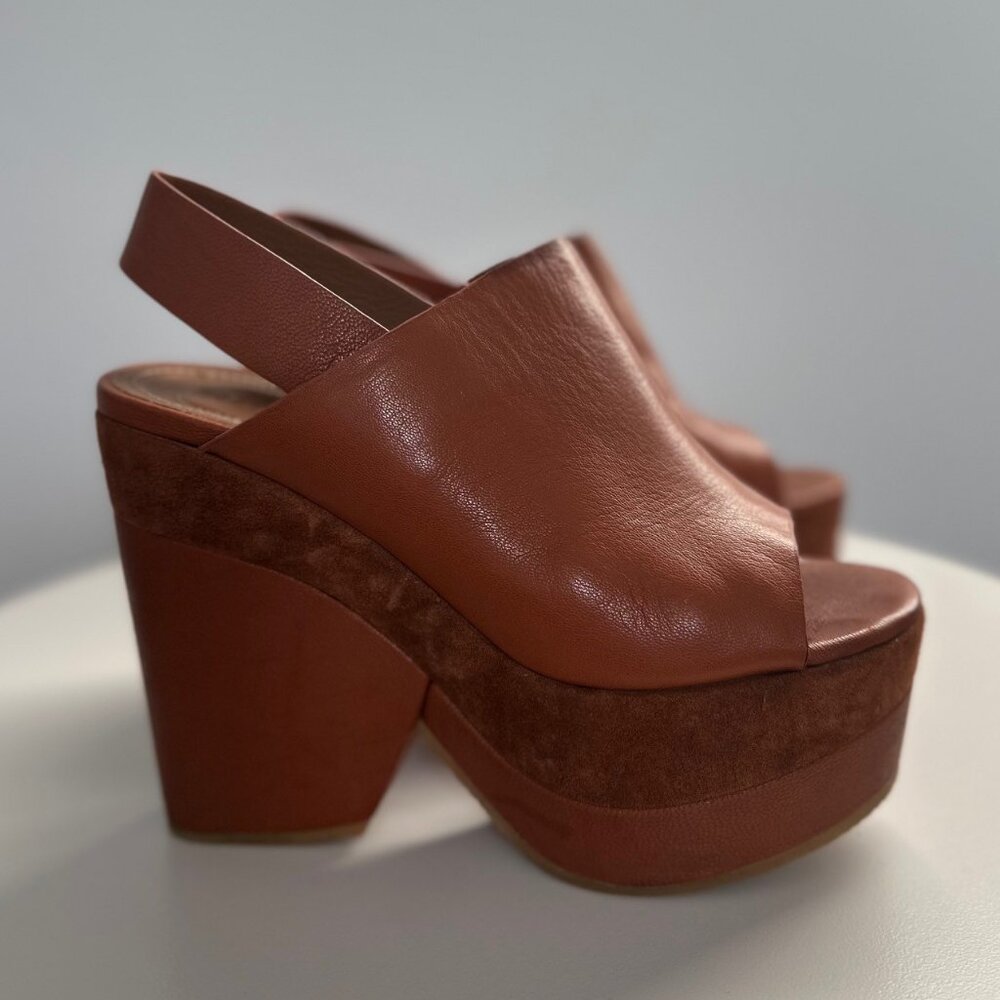 SEE BY CHLOE PLATFORM SANDALS, 5.5, SADDLE BROWN LTHR+SUEDE